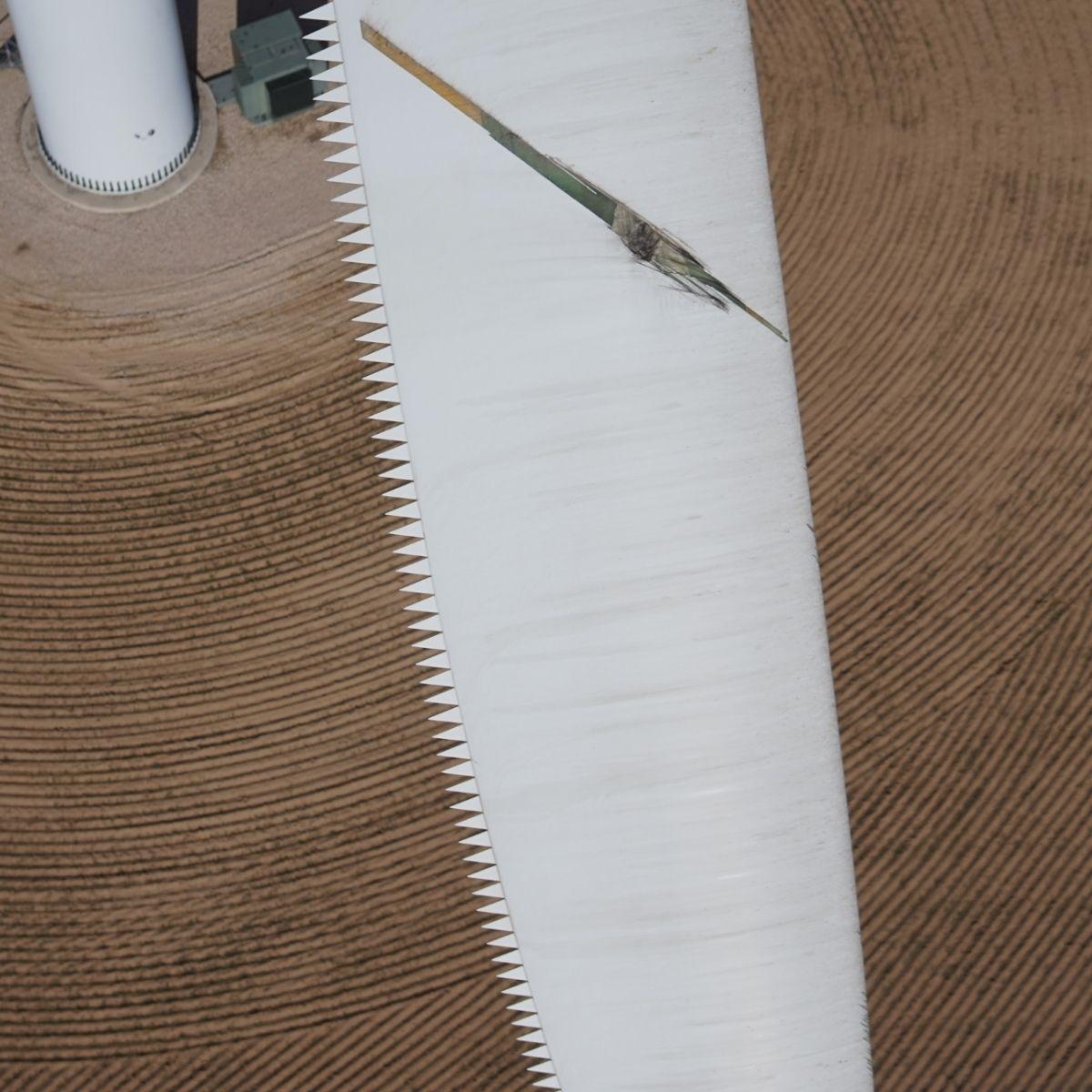 A rotor blade with a lightning strike damage.