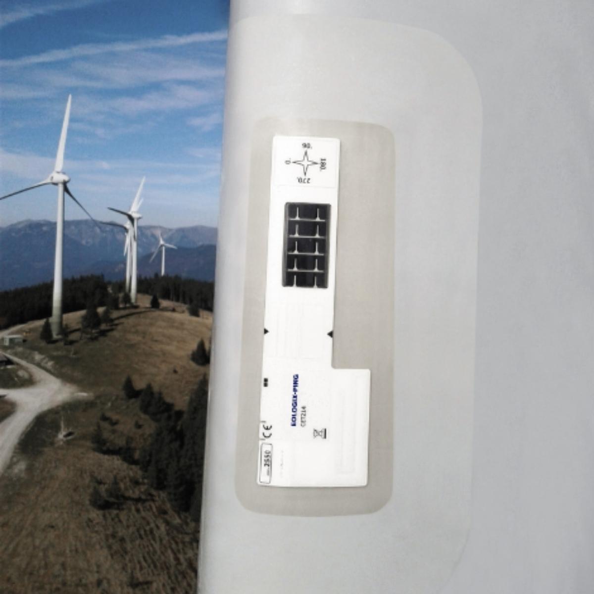 Wireless Blade Sensor on the surface of a wind turbines rotor blade.