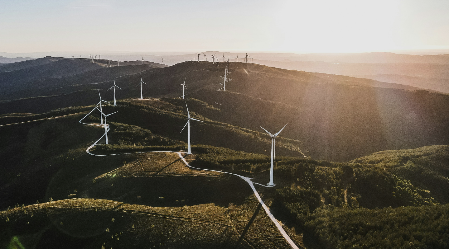 Mountain road with white wind turbines