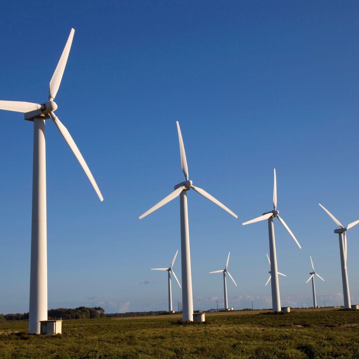 Eight white wind turbines and a blue sky.