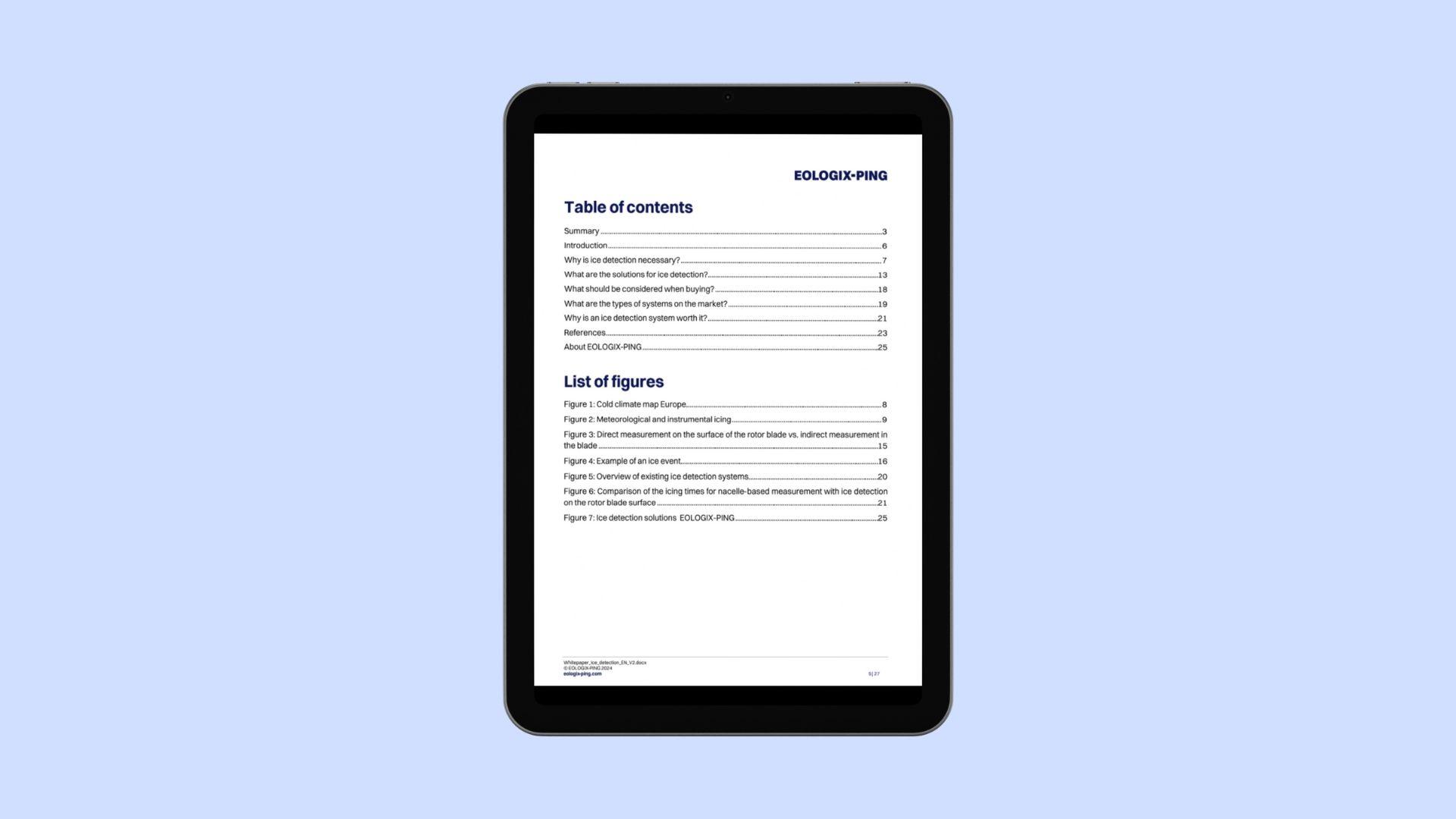 Table of content of the whitepaper ice detection.