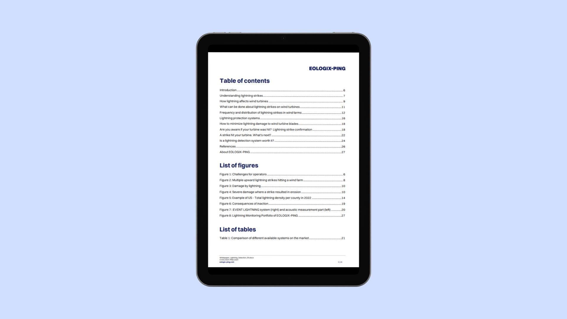 Table of contents of the whitepaper lightning detection.