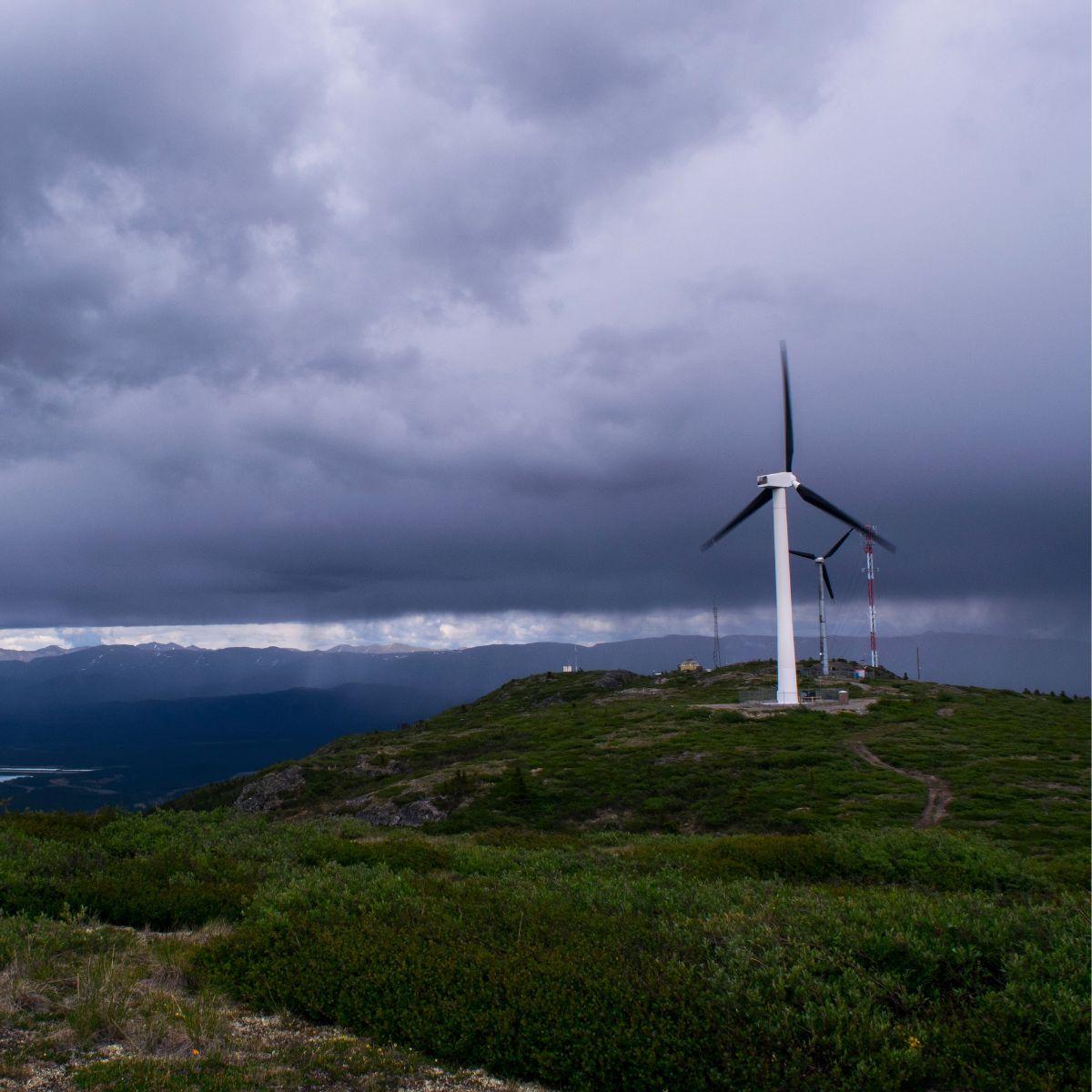 Wind farm on a mountain during a thunderstorm