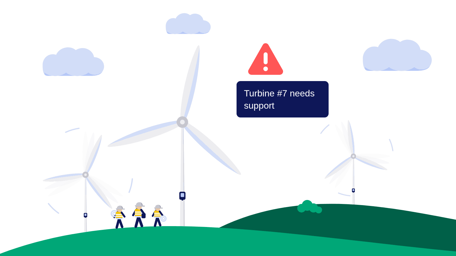 Flat illustration of a wind farm in rolling green hills under a sky with clouds. Three turbines stand in the landscape, each with an EOLOGIX-PING sensor module on the tower. The two outer turbines are turning, shown by motion arcs and trailing blades, while the turbine in the middle stands still. A red warning sign and a navy notification read that turbine 7 needs support. Three technicians in hard hats and hi-vis vests, carrying harnesses and coiled climbing rope, are walking toward the stopped turbine. Turbine uses blade monitoring