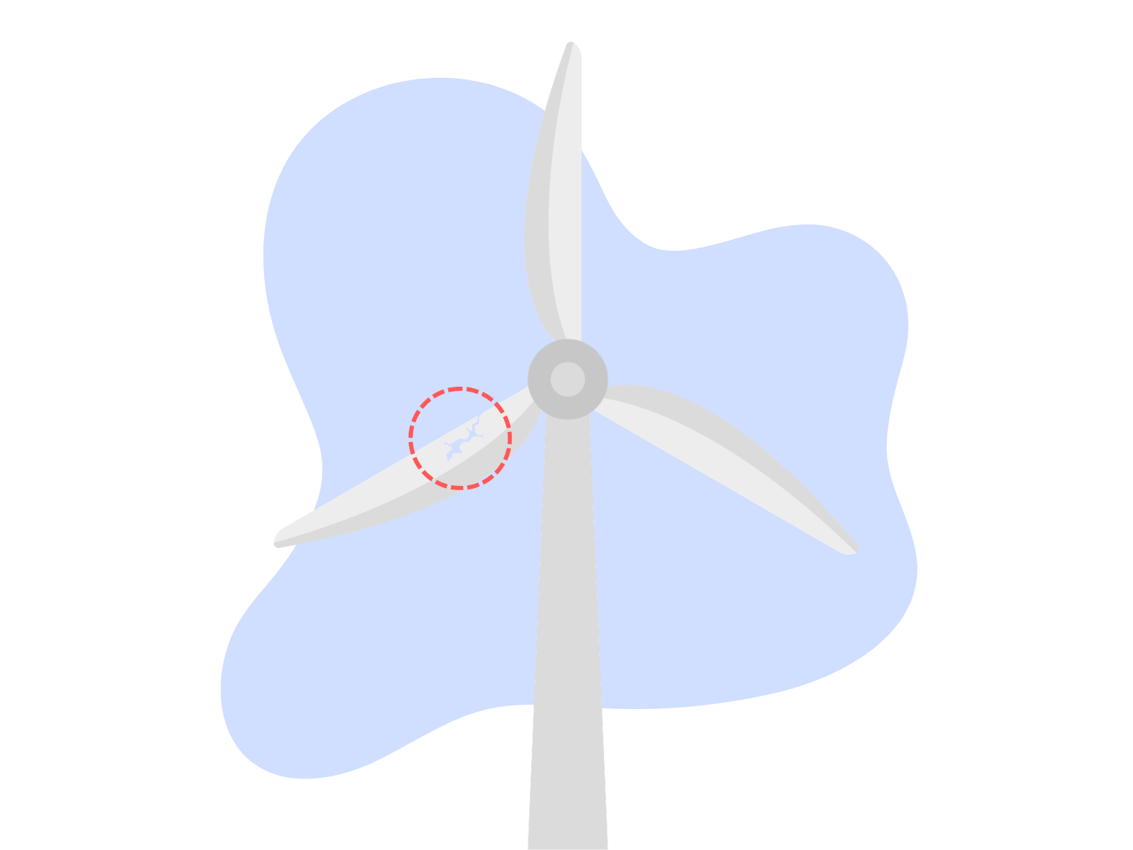 Wind turbine with blade damage highlighted