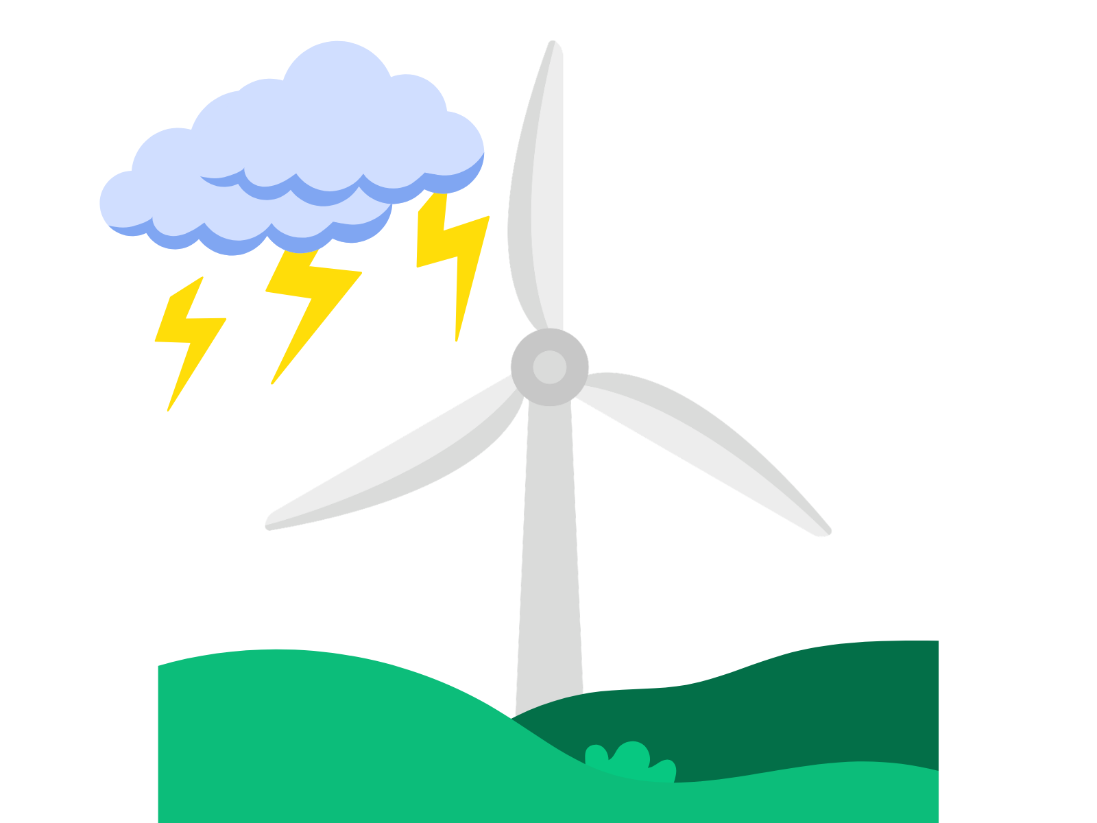 Wind turbine in grass with cloud and lightning