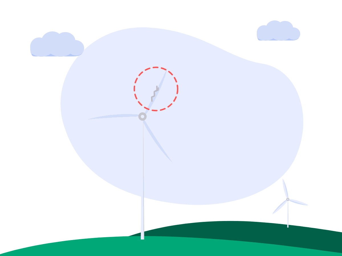 A wind turbine with no sensor and a hairline crack marked on one blade, with nothing reporting it